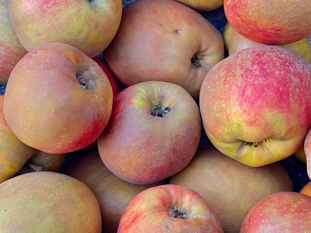 Viele Äpfel in Rot und Gelb liegen dicht beieinander in einer Kiste oder Auslage.