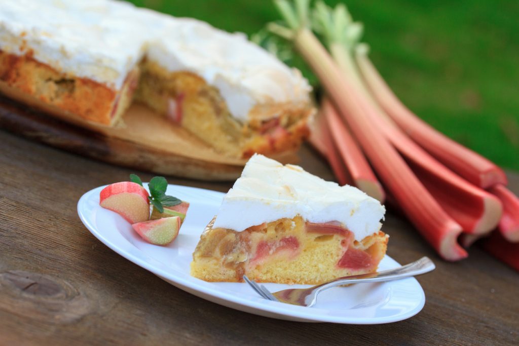 Ein Stück fluffiger Rhabarberkuchen mit hoher Baiserhaube auf einem weißen Teller; im Hintergrund liegen ganze, rote Rhabarberstangen auf einem rustikalen Holztisch.