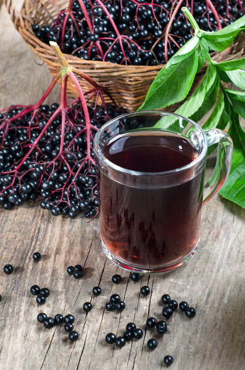 Ein transparenter Henkelbecher voll Holundersaft auf rustikalem Holz, im Hintergrund ein Korb mit frisch gepflückten Dolden.