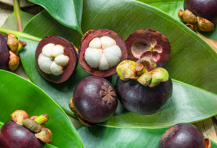 Aufgeschnittene Mangostan-Früchte zeigen das weiße, saftige Fruchtfleisch, platziert auf großen grünen Blättern