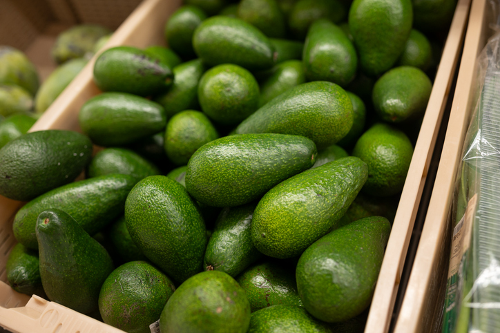 Eine Kiste voller reifer, grüner Avocados mit ihrer typischen genoppten Schale.