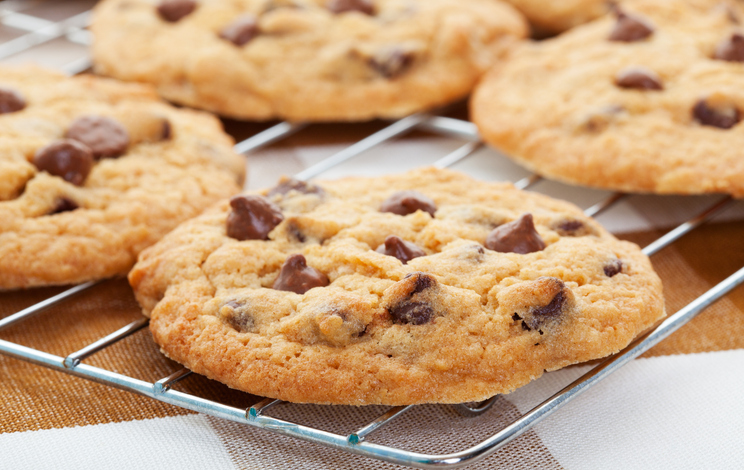 Goldbraune Schoko-Cookies mit Schokostückchen liegen zum Abkühlen auf einem Kuchengitter.