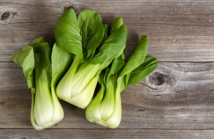 Drei frische Pak-Choi-Köpfe liegen auf einem rustikalen Holzbrett