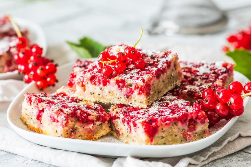 Stücke von Johannisbeer-Blechkuchen mit Mohn, bestäubt mit Puderzucker und mit frischen Johannisbeeren garniert, auf einem Teller serviert.
