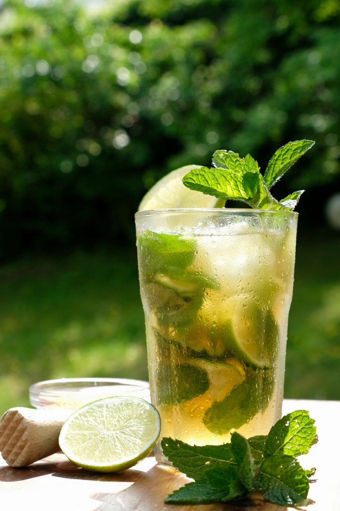 Glas Mojito mit Eiswürfeln, Limettenspalten und Minzzweig auf einem Holztisch im Garten.