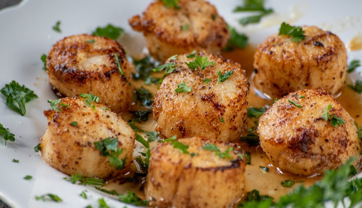 Gebratene Jakobsmuscheln, die außen goldbraun sind und innen butterzart bleiben