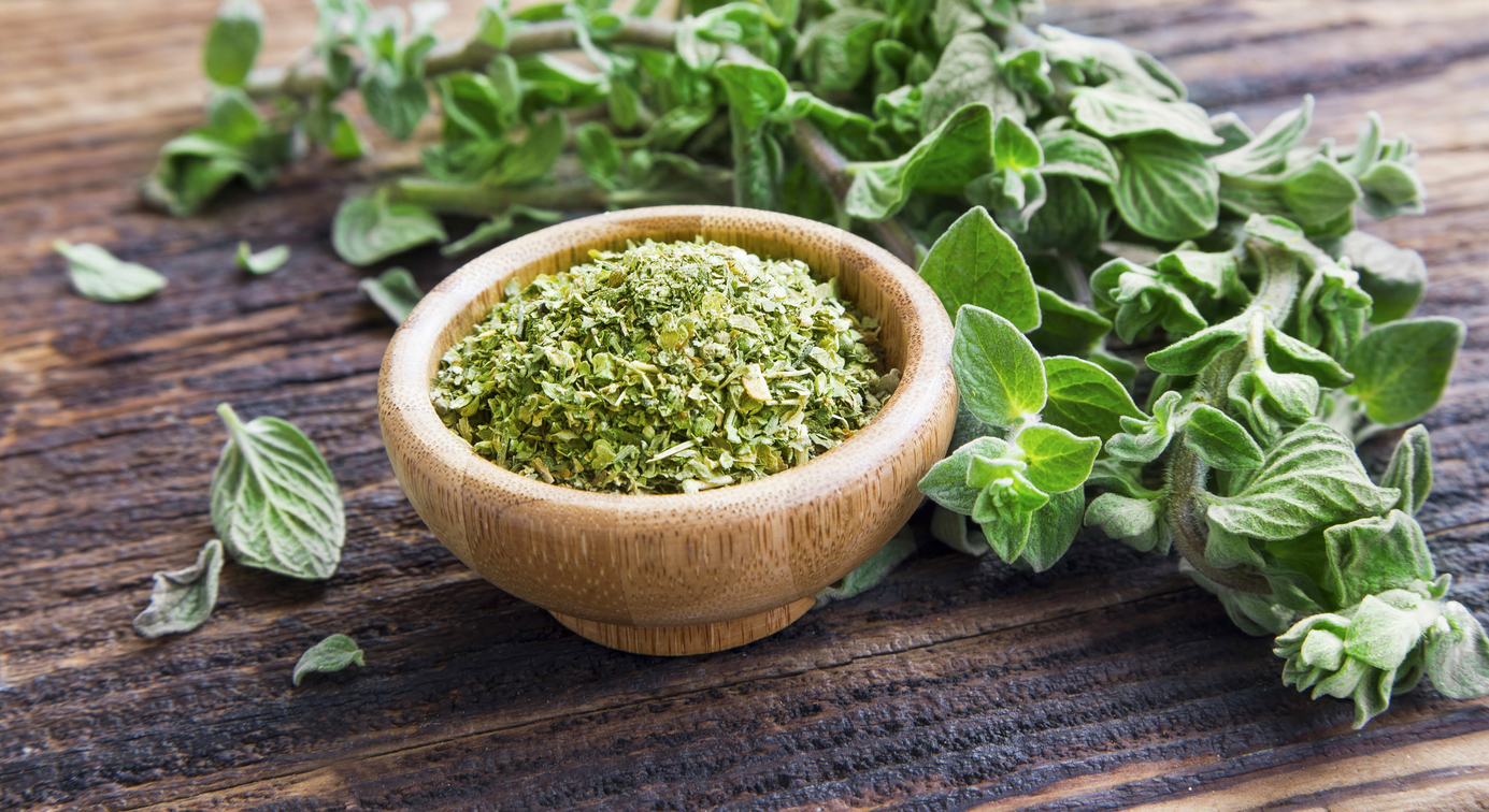 Eine Holzschale ist mit getrocknetem Oregano gefüllt, daneben liegen frische Oreganozweige.