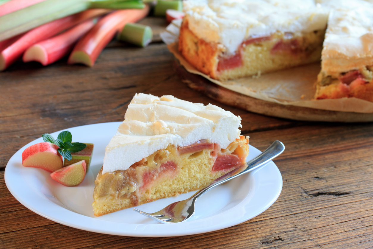Ein angeschnittenes Stück Kuchen auf einem Teller neben einer Kuchengabel und dekorativen Rhabarberstücken vor einem grünen Gartenhintergrund.